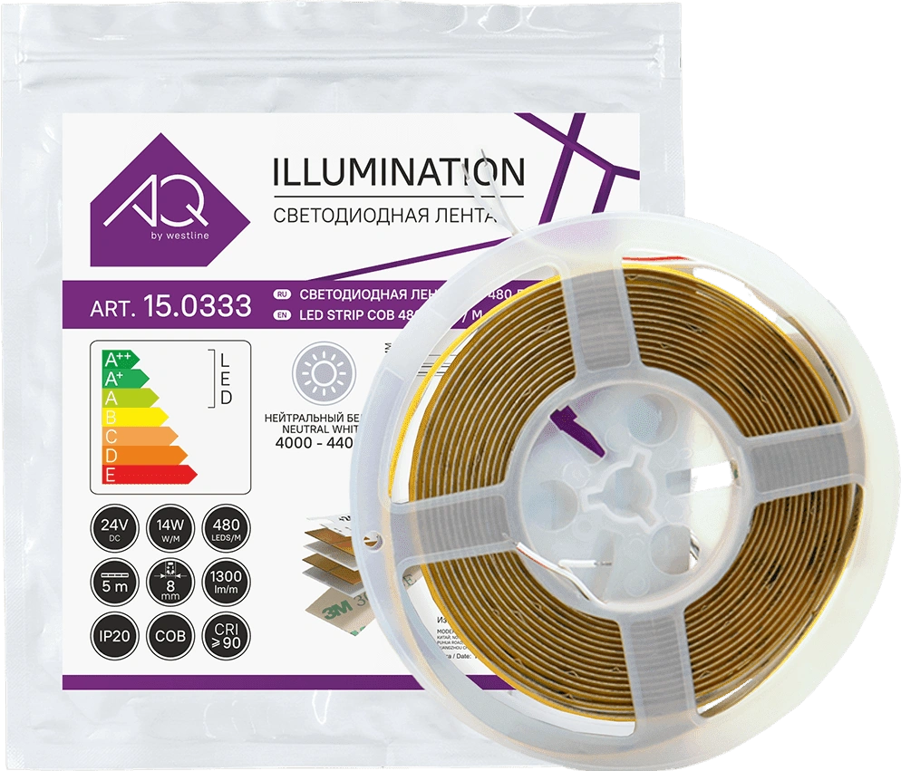 Лента светодиодная AQ LED-LINE COB 480 LED/м 24V 14W/м 8 мм IP20 нейтральный  белый 5 м