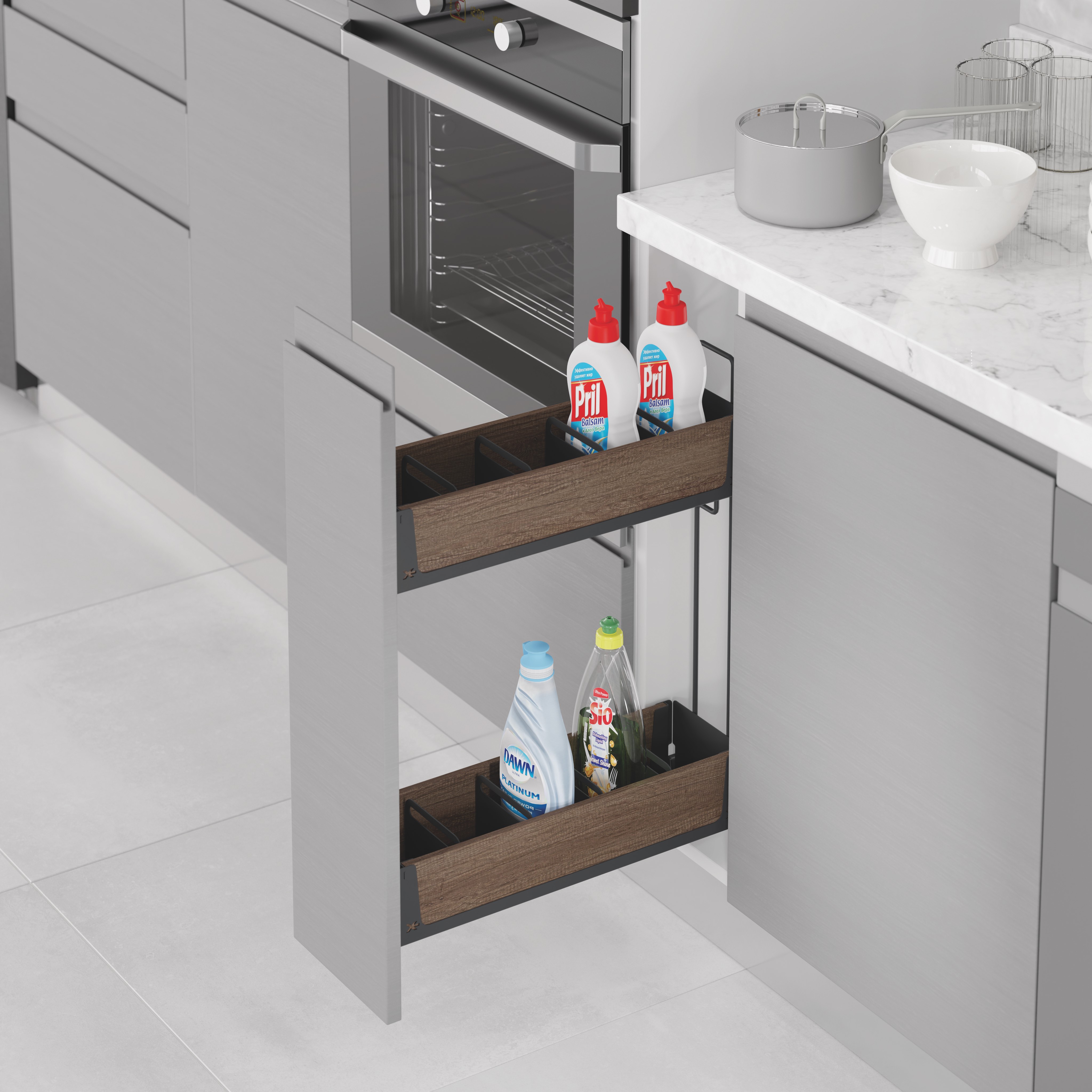Держател для моющих средств, Правая 200мм, Антрацит#/Unq wood Detergent Holder With Undermount Rail