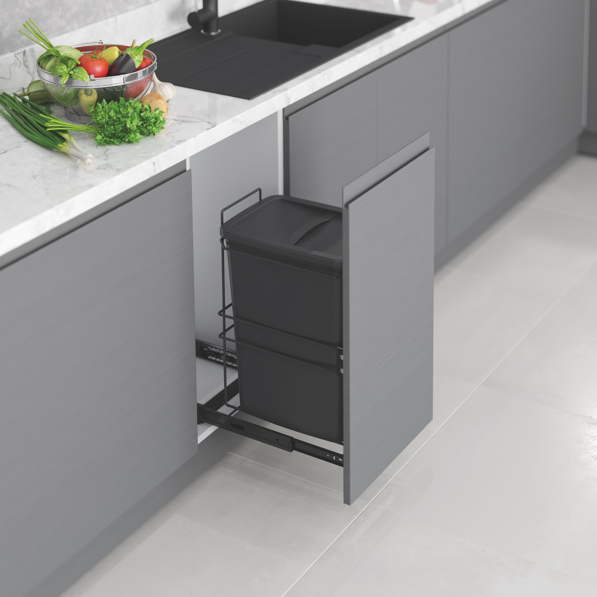 Корзина для мусора 35 литров (плавное закрывание) - Антрацит#/Bottom mounted Waste Bin 35 Liter (Sof