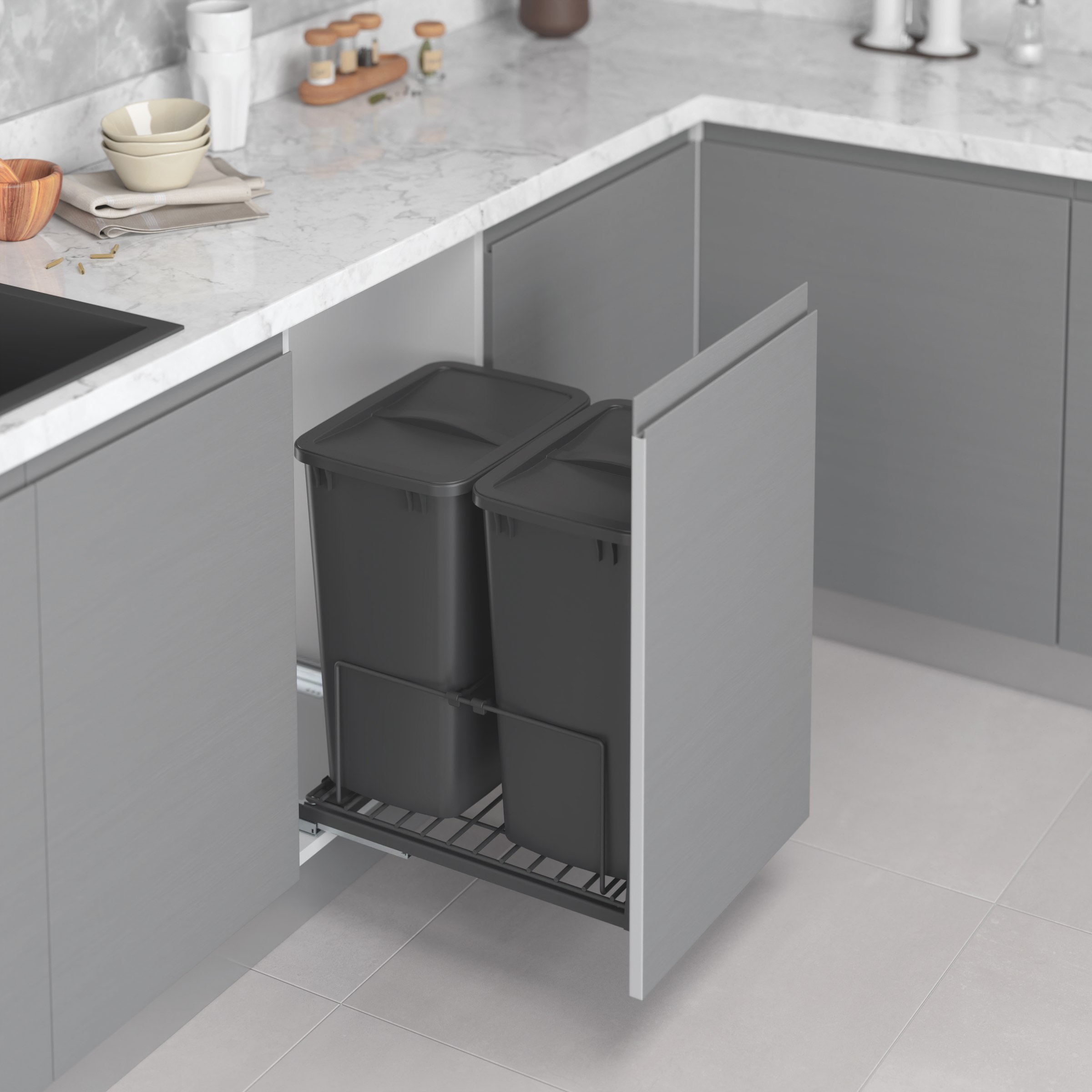 Корзина для мусора 35+35 литров (плавное закрывание) - Антрацит#/Bottom mounted Waste Bin 35l (Sof